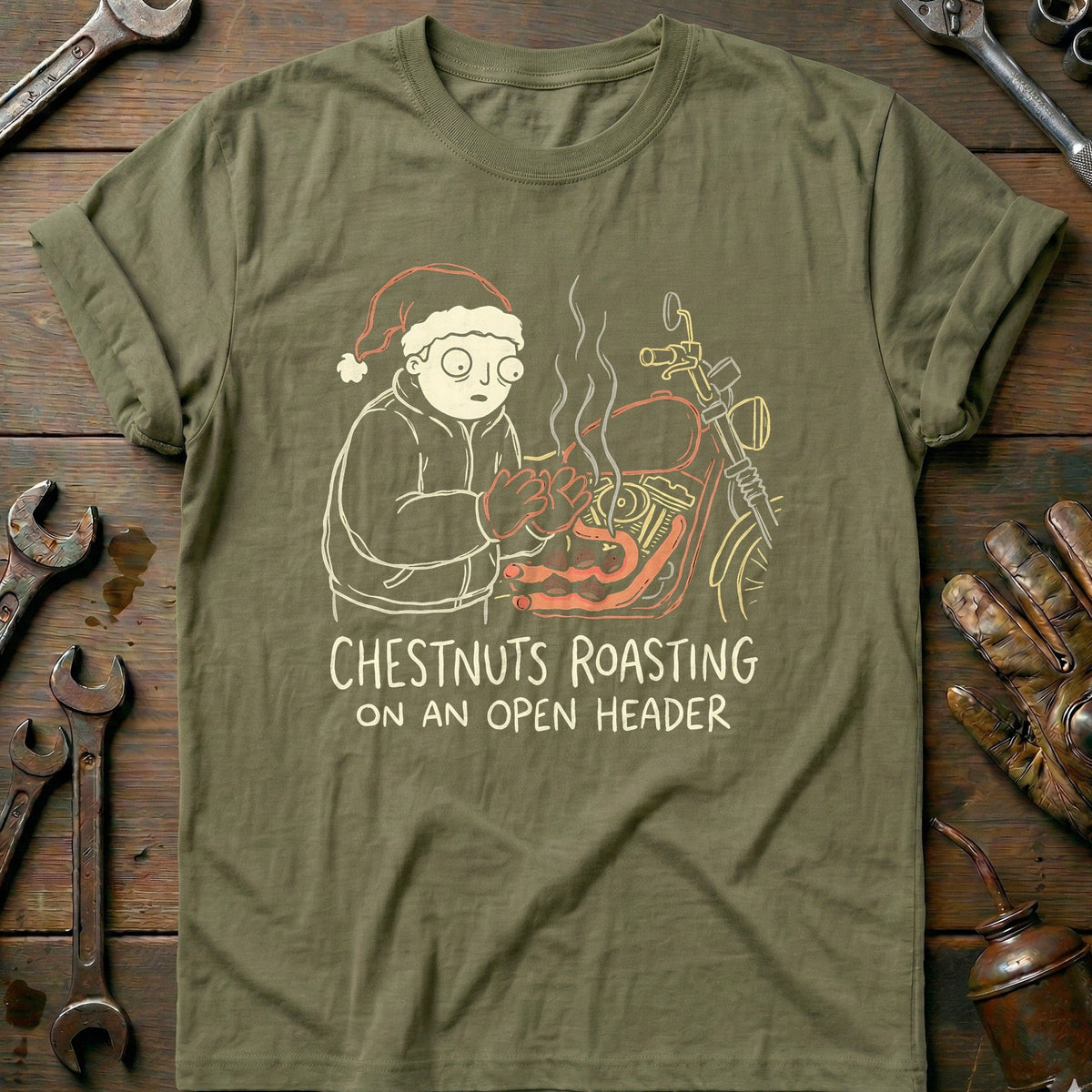 Chestnuts Roasting on an Open Header Motorcycle T-Shirt GC Gift For Biker