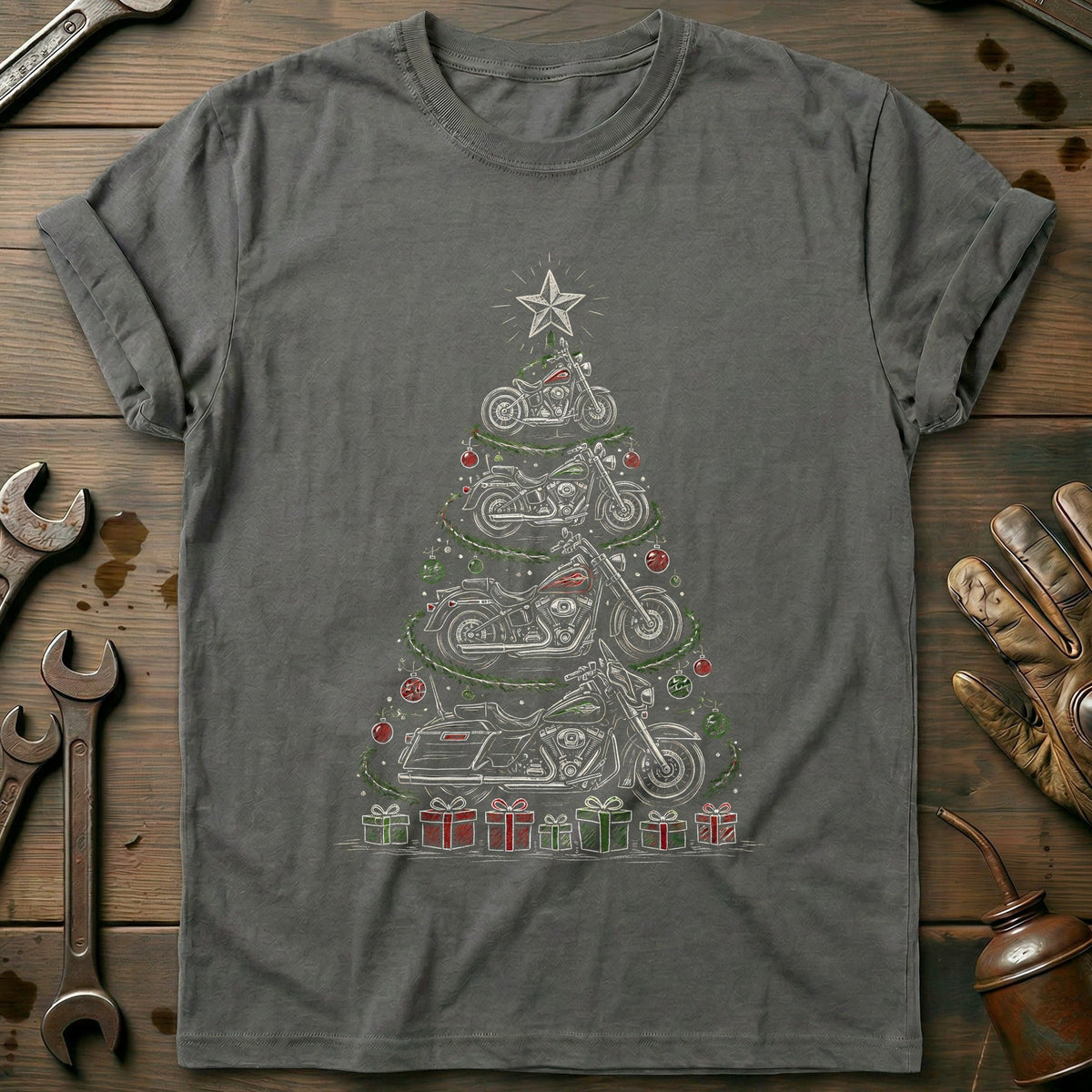 Chalk Motorcycle Christmas Tree T-Shirt GC Gift For Biker