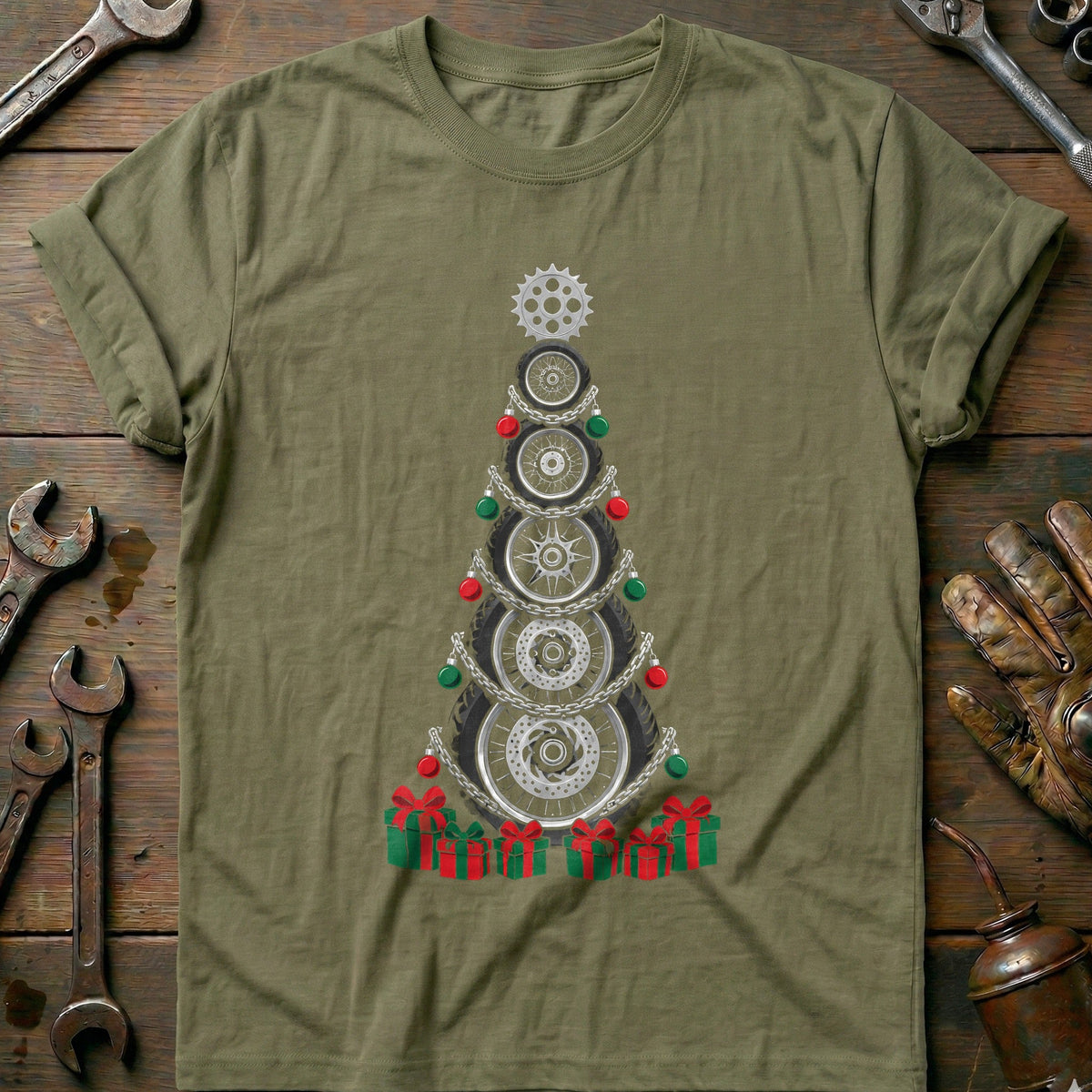 Tyres and Chains Christmas Tree Motorcycle T-Shirt GC Gift For Biker