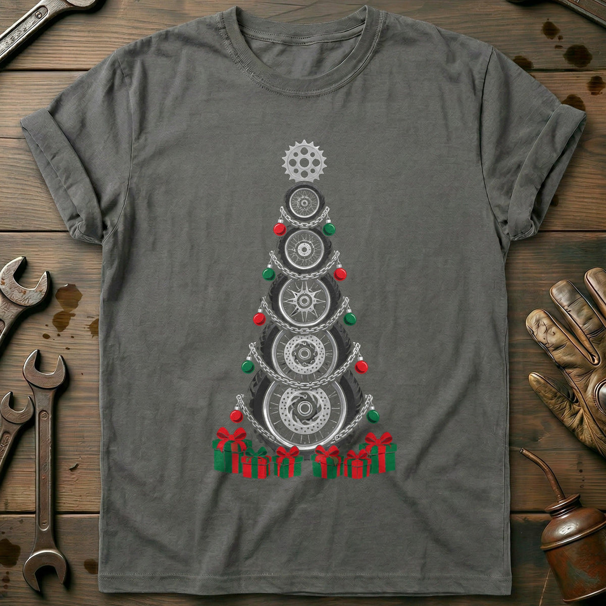 Tyres and Chains Christmas Tree Motorcycle T-Shirt GC Gift For Biker