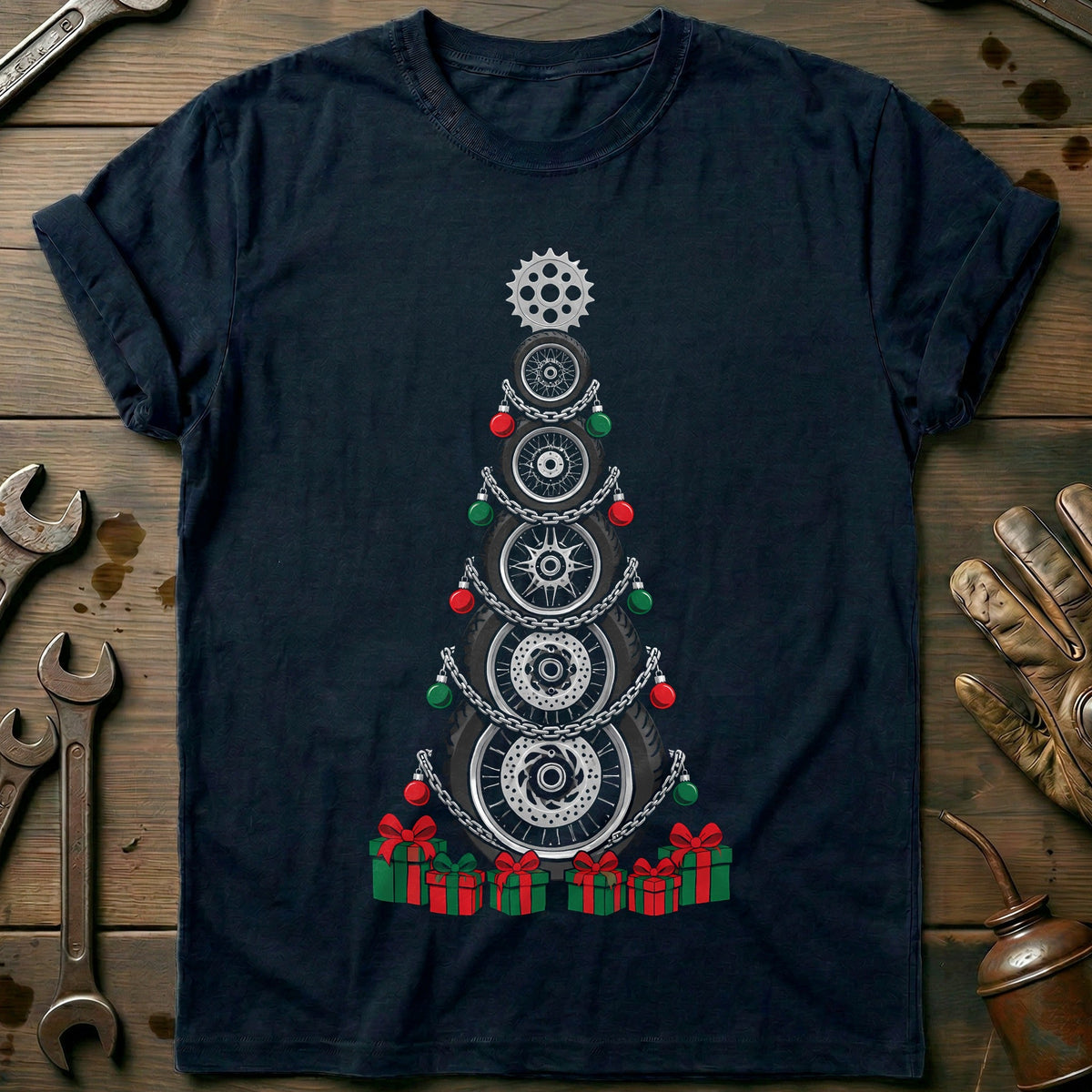 Tyres and Chains Christmas Tree Motorcycle T-Shirt GC Gift For Biker