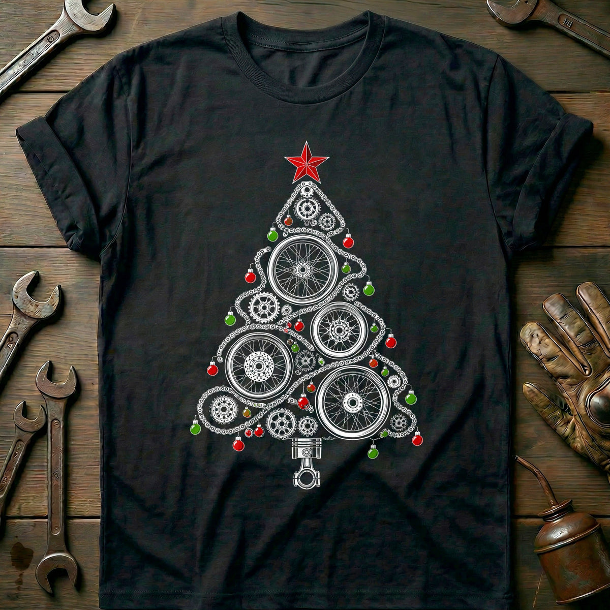 Wheels and Chains Christmas Tree Motorcycle T-Shirt GC Gift For Biker