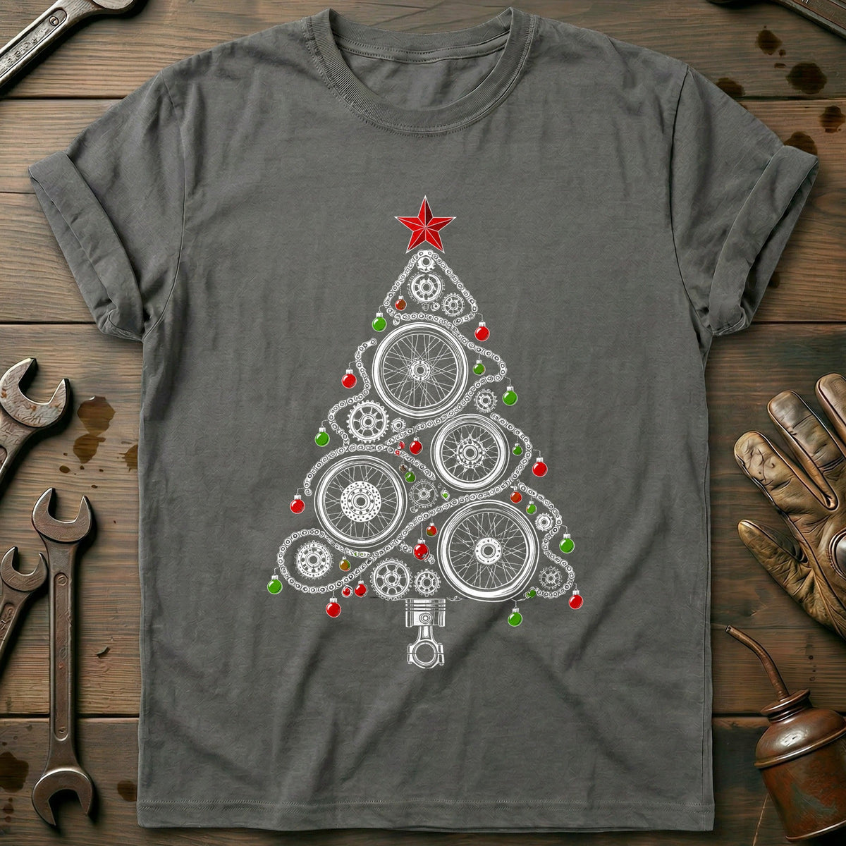 Wheels and Chains Christmas Tree Motorcycle T-Shirt GC Gift For Biker