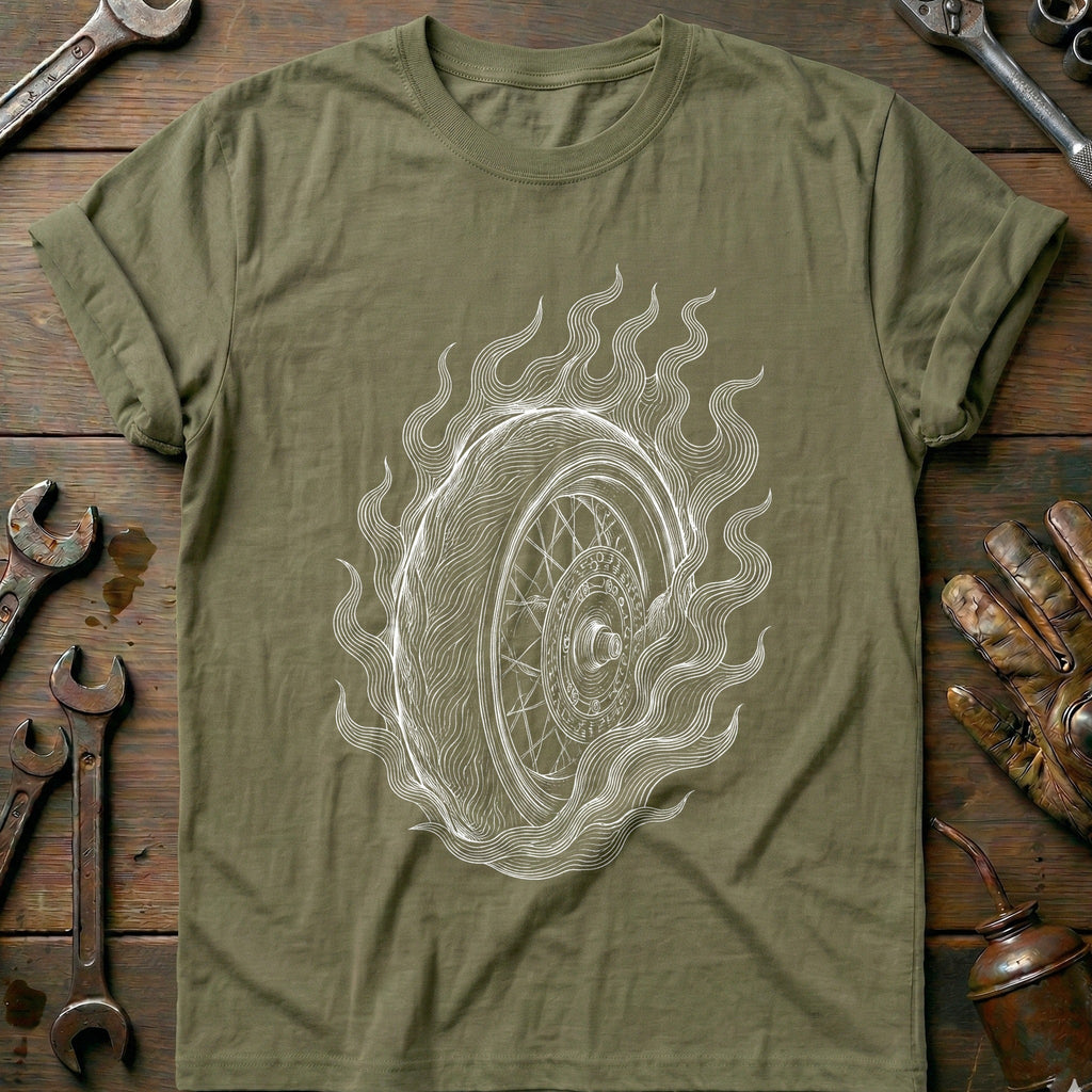 Flaming Wheel Engraving Motorcycle T-Shirt GC Gift For Biker