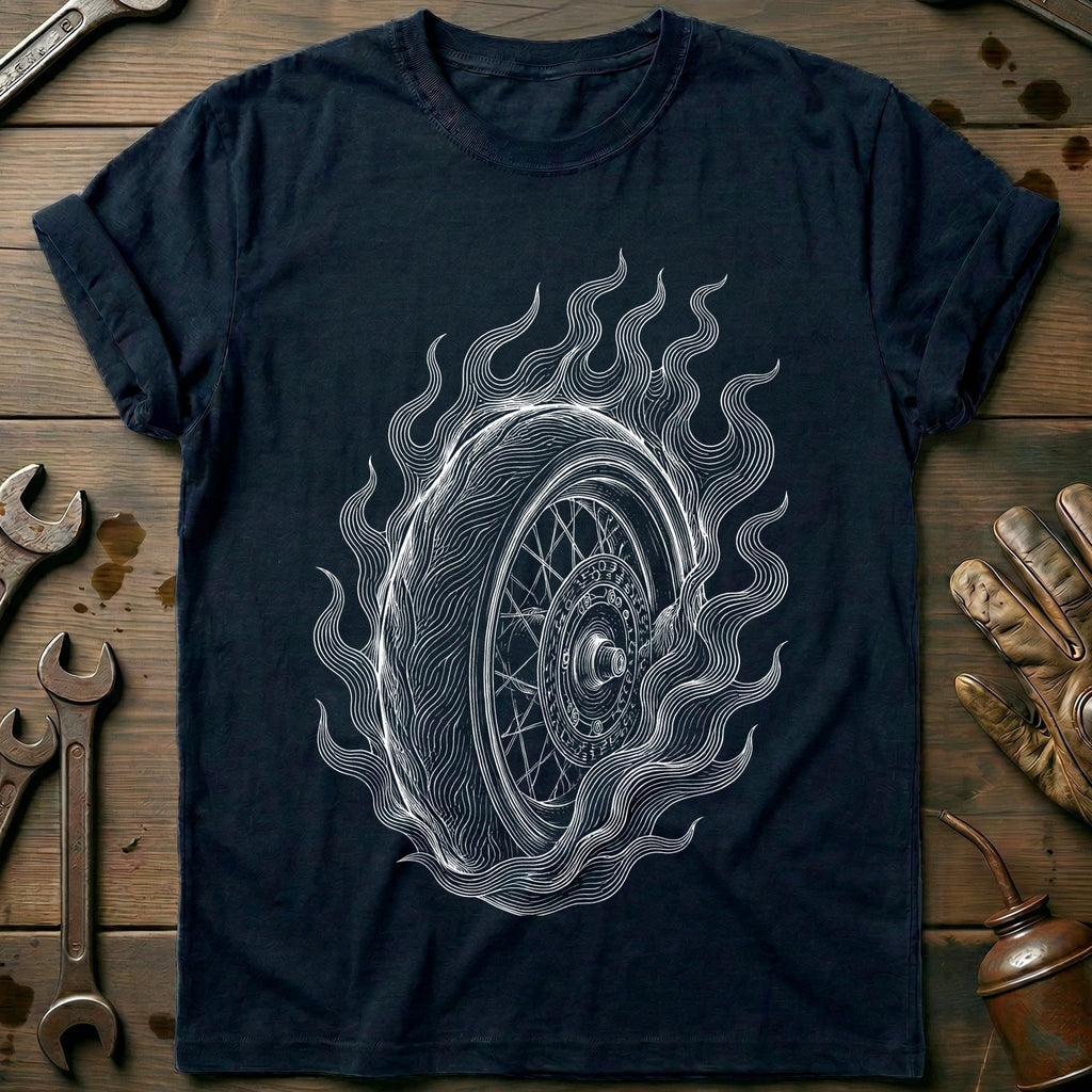 Flaming Wheel Engraving Motorcycle T-Shirt GC Gift For Biker