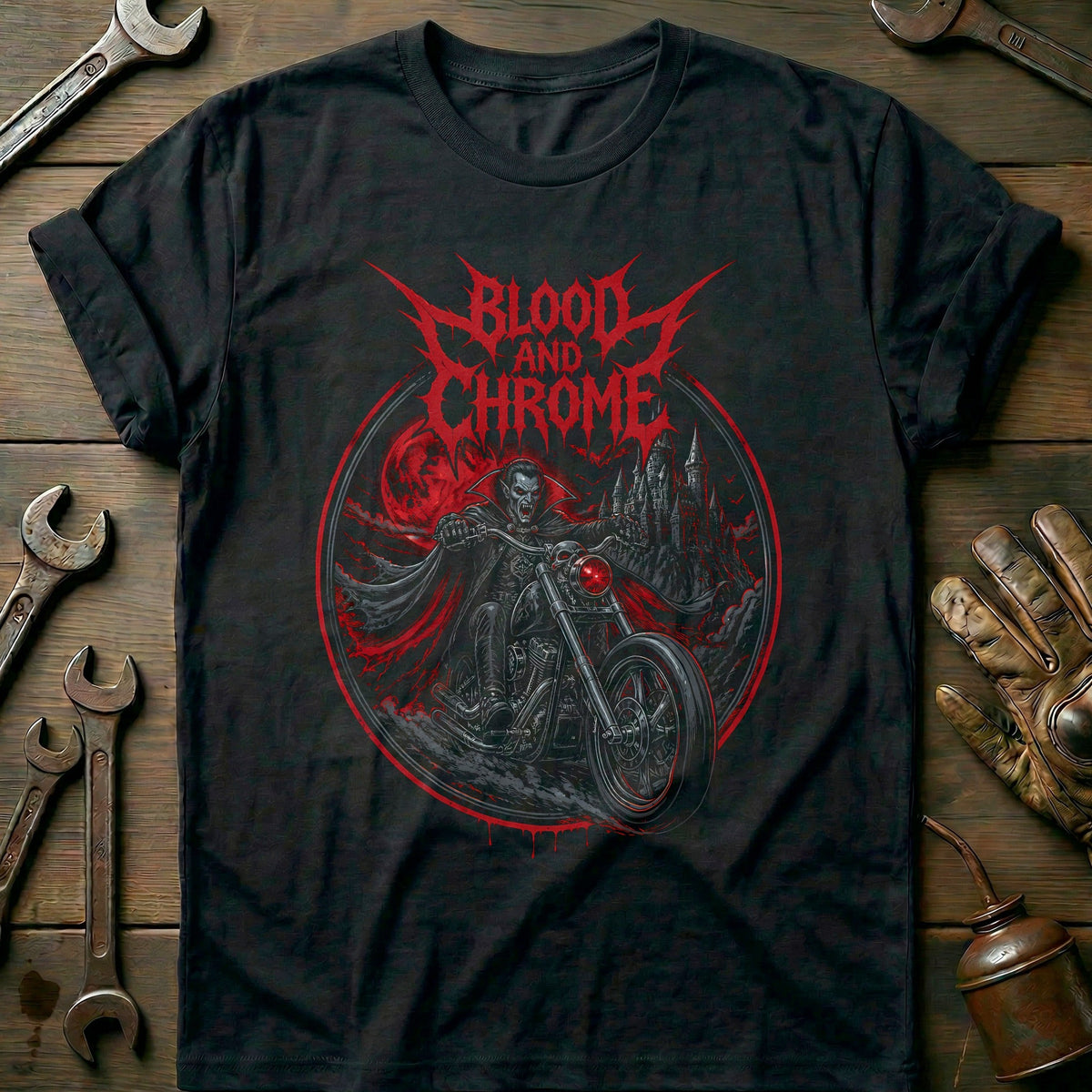Blood and Chrome Motorcycle T-Shirt Gift For Biker