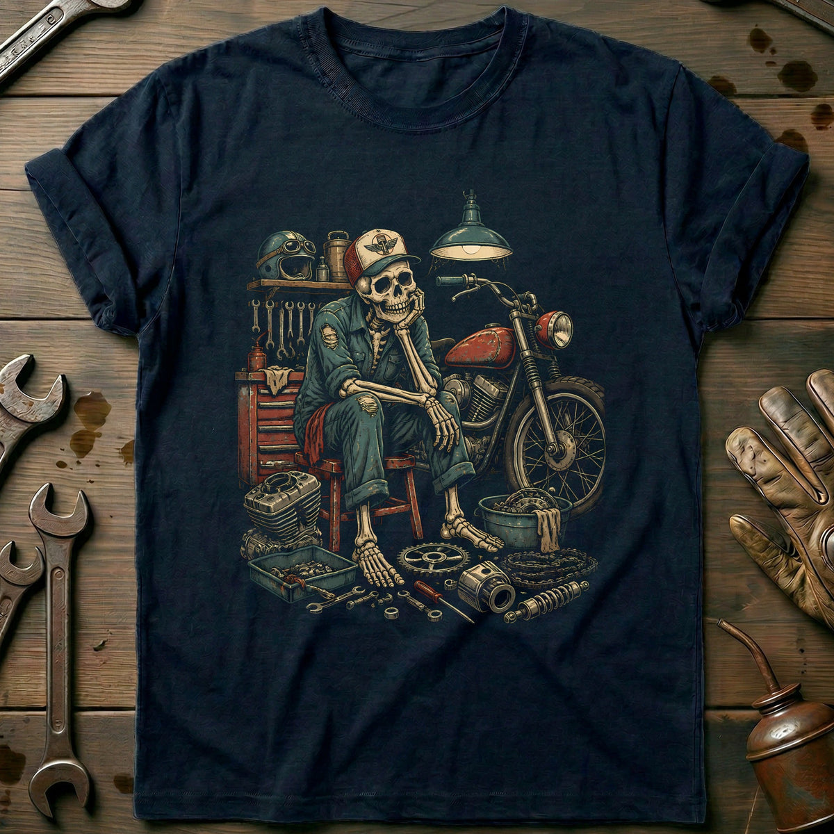 Skeleton Mechanic Motorcycle T-Shirt Gift For Biker