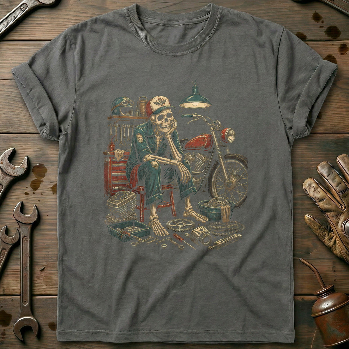 Skeleton Mechanic Motorcycle T-Shirt Gift For Biker