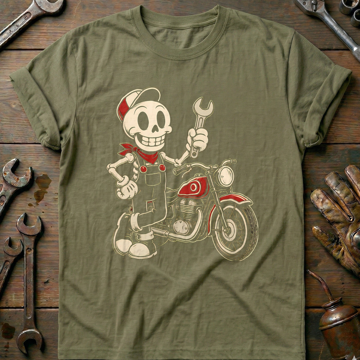 Skeleton Mechanic Mascot Motorcycle T-Shirt Gift For Biker