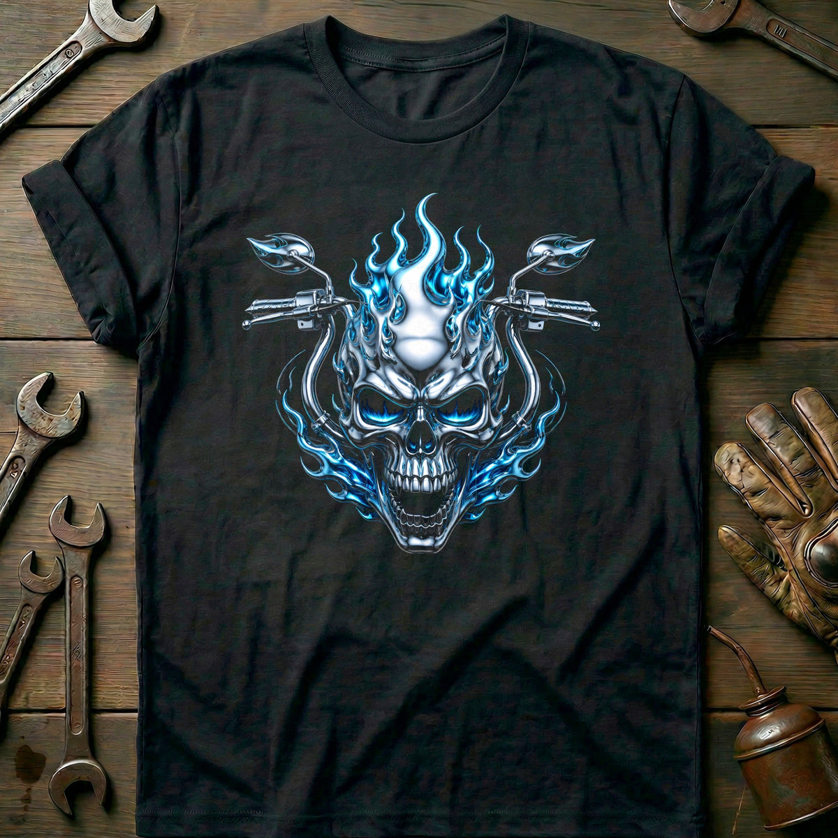 Chrome Flaming Skull Motorcycle T-Shirt US Gift For Biker