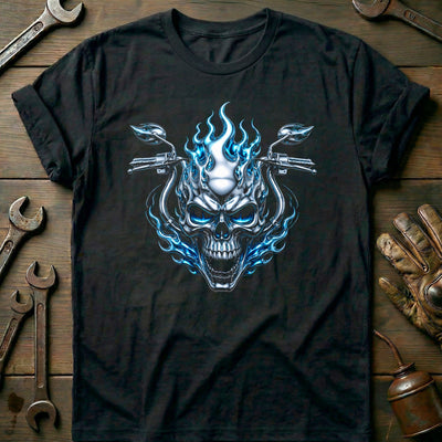 Chrome Flaming Skull Motorcycle T-Shirt US Gift For Biker