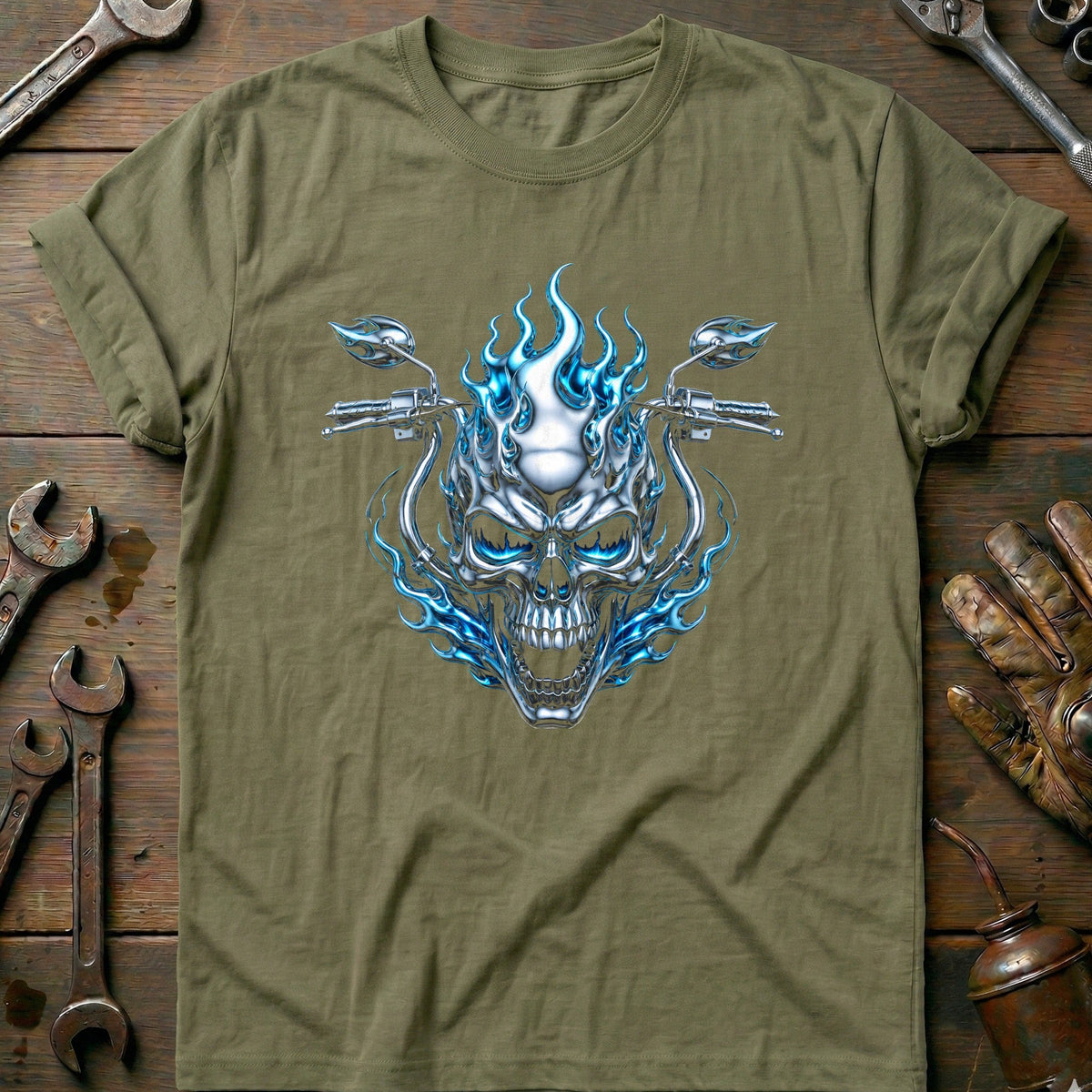 Chrome Flaming Skull Motorcycle T-Shirt US Gift For Biker