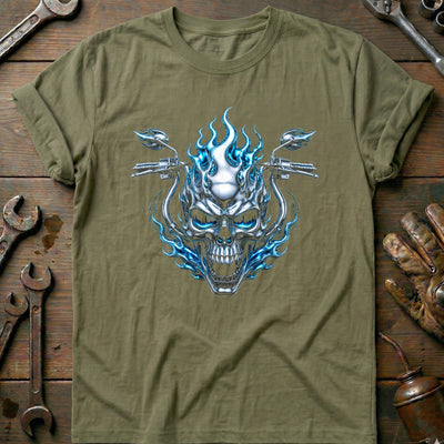 Chrome Flaming Skull Motorcycle T-Shirt US Gift For Biker