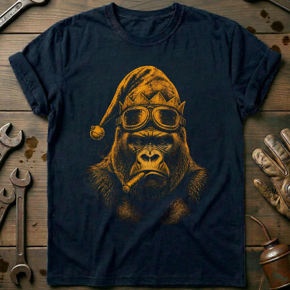Christmas Elf Gorilla Goggles Motorcycle T-Shirt Gift For Biker