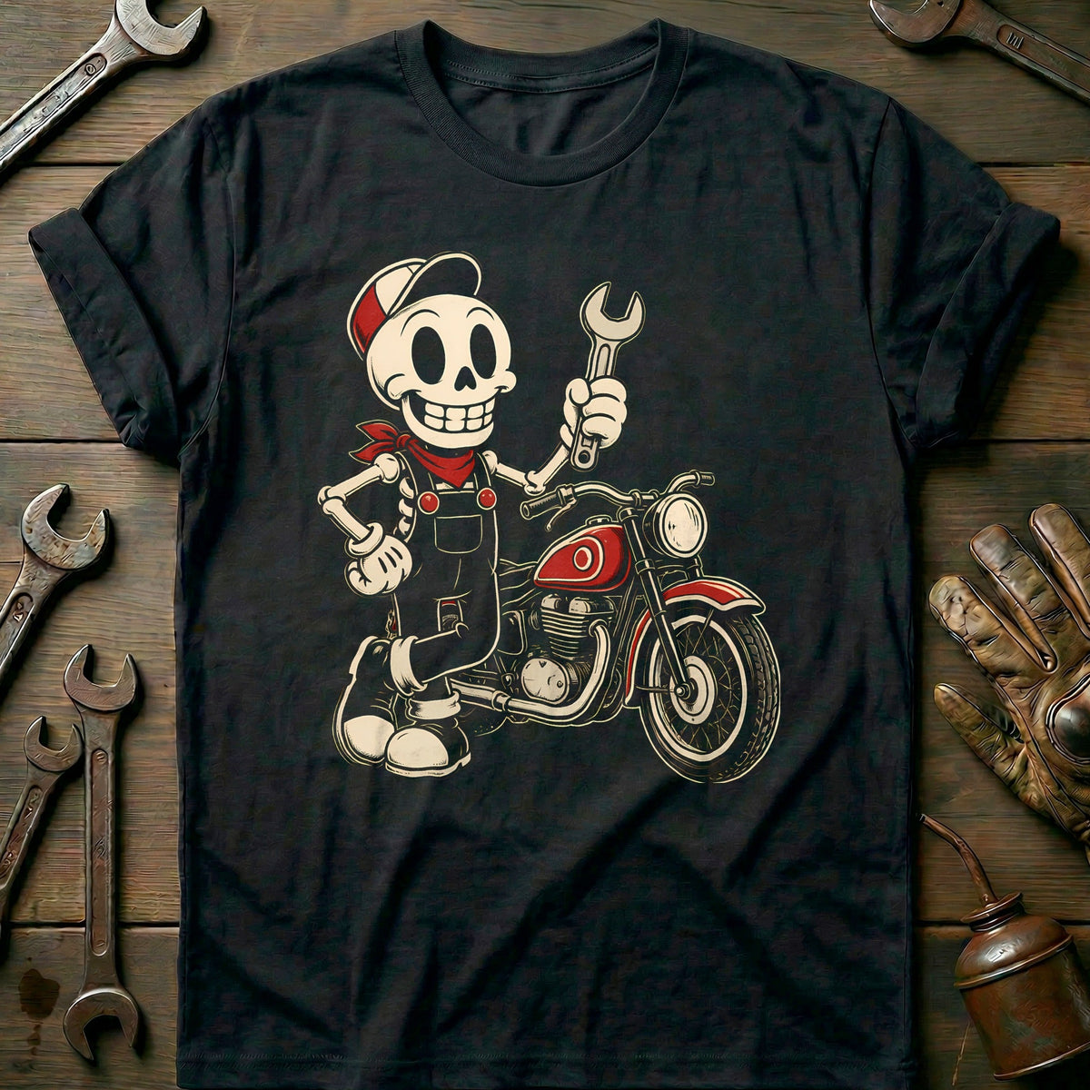 Skeleton Mechanic Mascot Motorcycle T-Shirt GC Gift For Biker