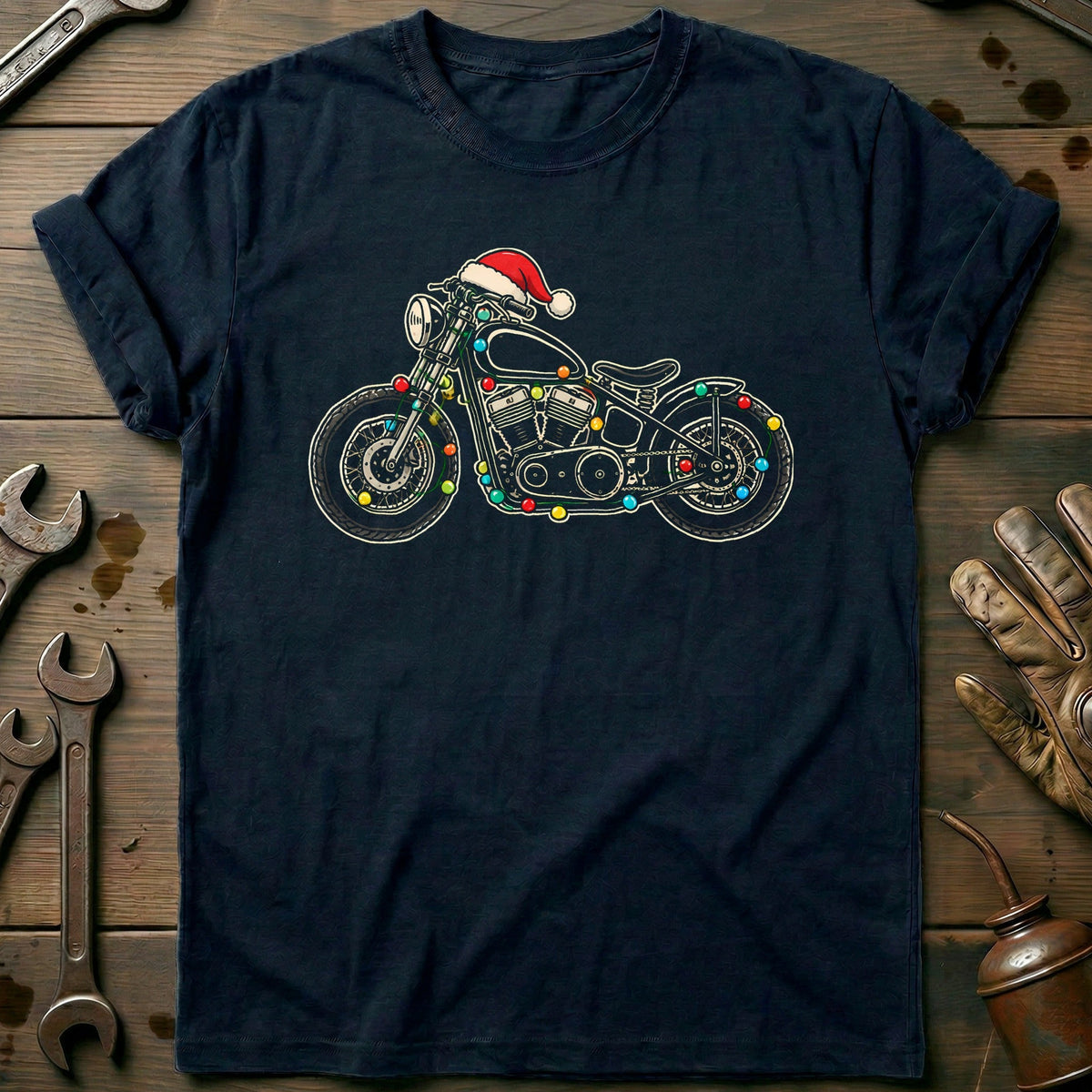 Bobber Christmas Lights Motorcycle T-Shirt Gift For Biker