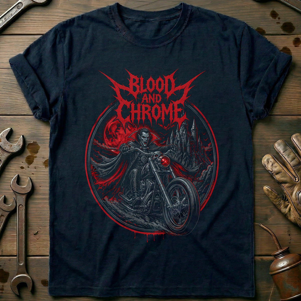 Blood and Chrome Motorcycle T-Shirt EU Gift For Biker