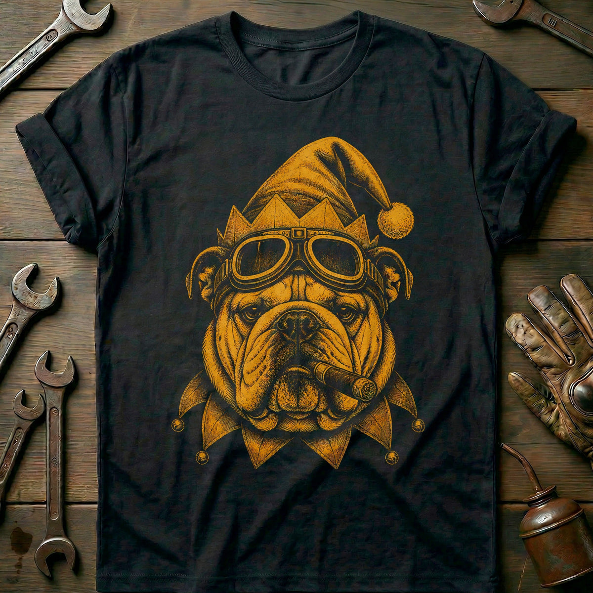 Christmas Elf Bulldog Goggles Motorcycle T-Shirt Gift For Biker