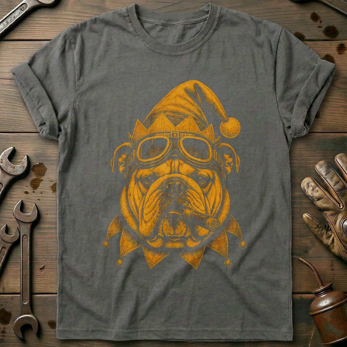 Christmas Elf Bulldog Goggles Motorcycle T-Shirt Gift For Biker