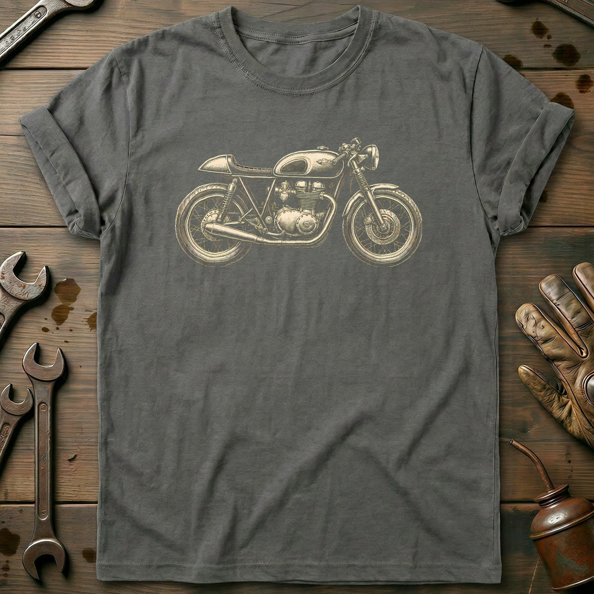Cafe Racer Woodcut Motorcycle T-Shirt EU Gift For Biker