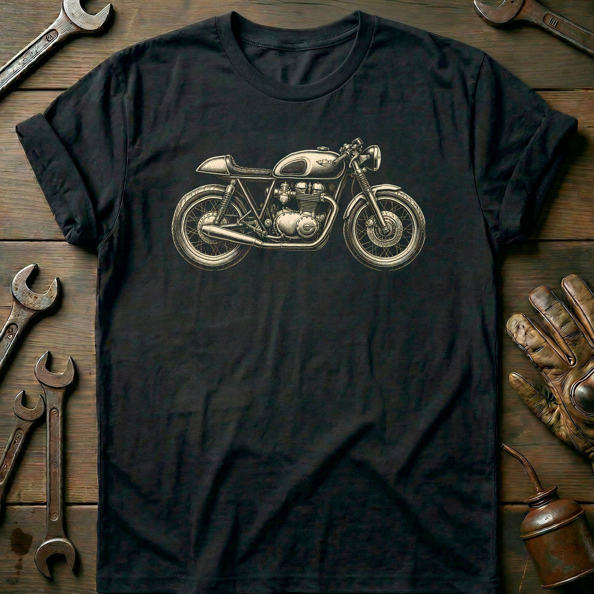 Cafe Racer Woodcut Motorcycle T-Shirt EU Gift For Biker