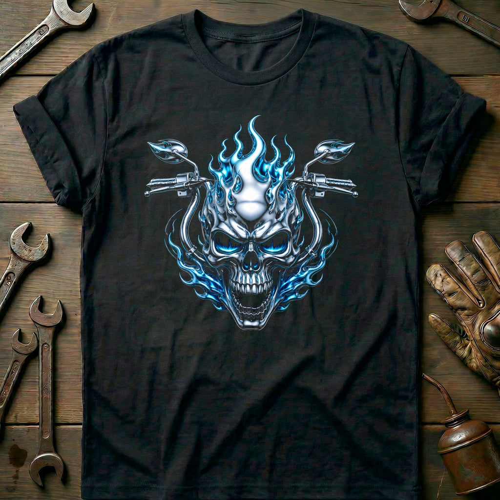 Chrome Flaming Skull Motorcycle T-Shirt GC Gift For Biker
