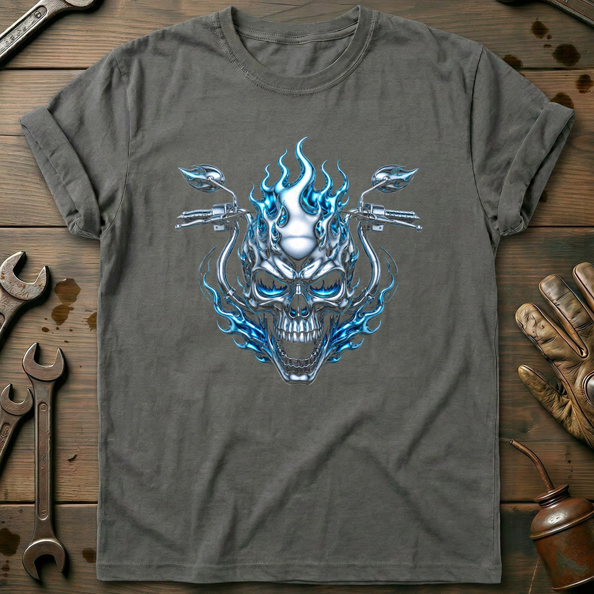 Chrome Flaming Skull Motorcycle T-Shirt GC Gift For Biker