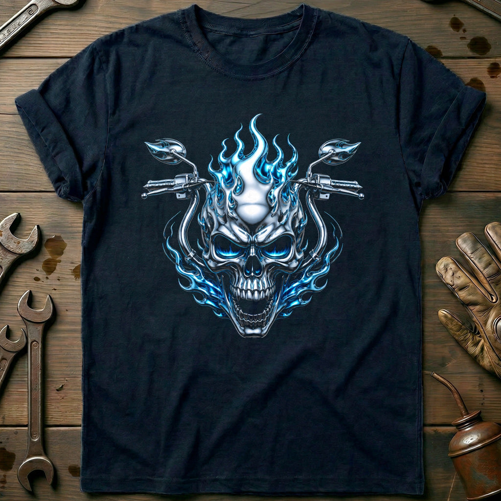 Chrome Flaming Skull Motorcycle T-Shirt GC Gift For Biker