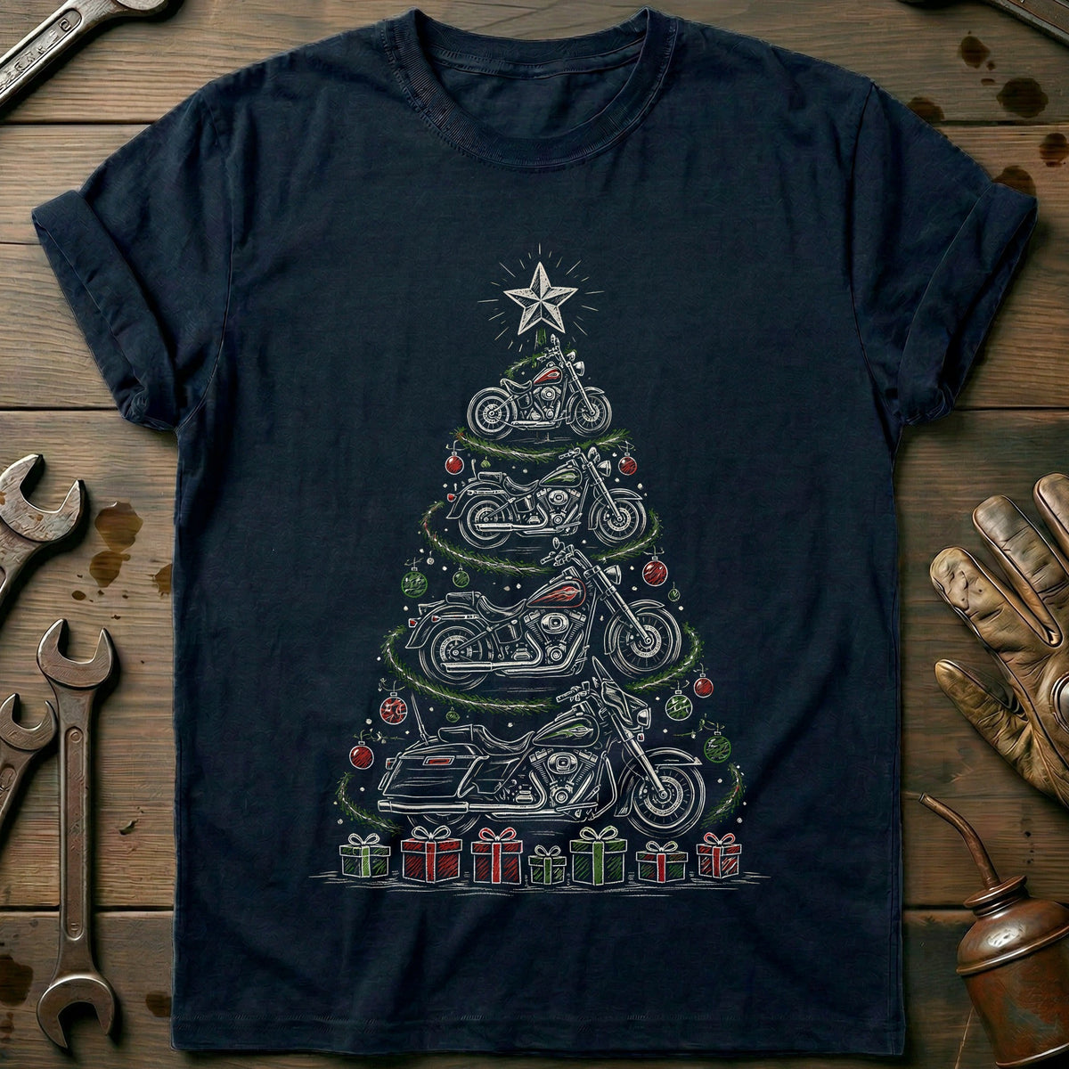 Chalk Motorcycle Christmas Tree T-Shirt Gift For Biker