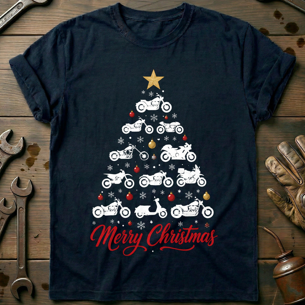 Merry Christmas Motorcycle Tree T-Shirt Gift For Biker