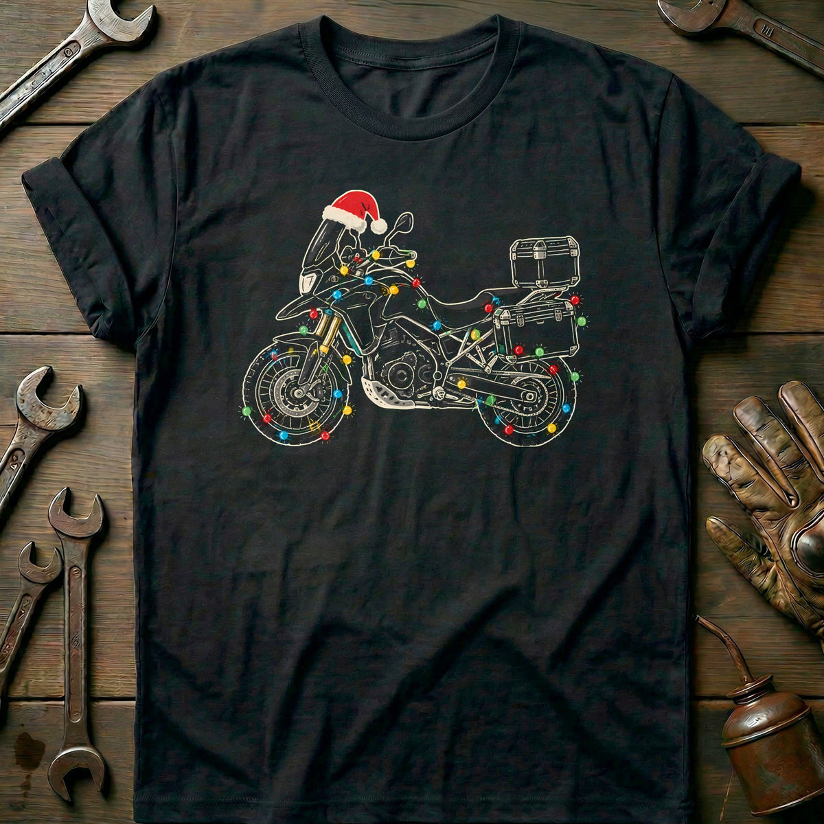 Adventure Christmas Lights Motorcycle T-Shirt US Gift For Biker