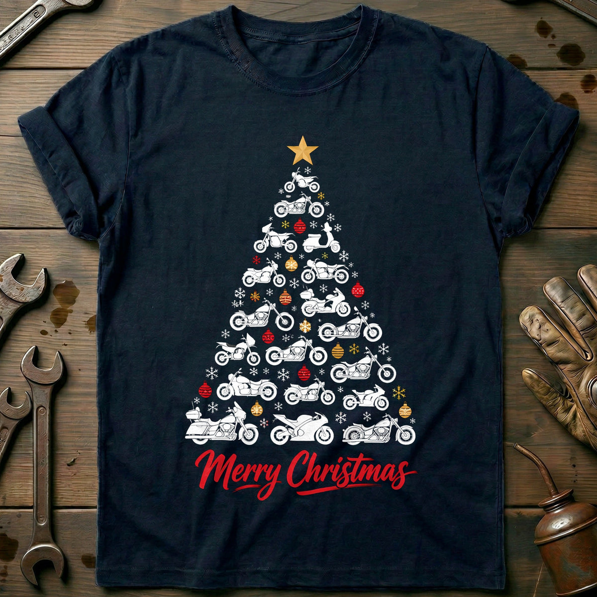 Merry Christmas Motorcycle Tree T-Shirt US Gift For Biker