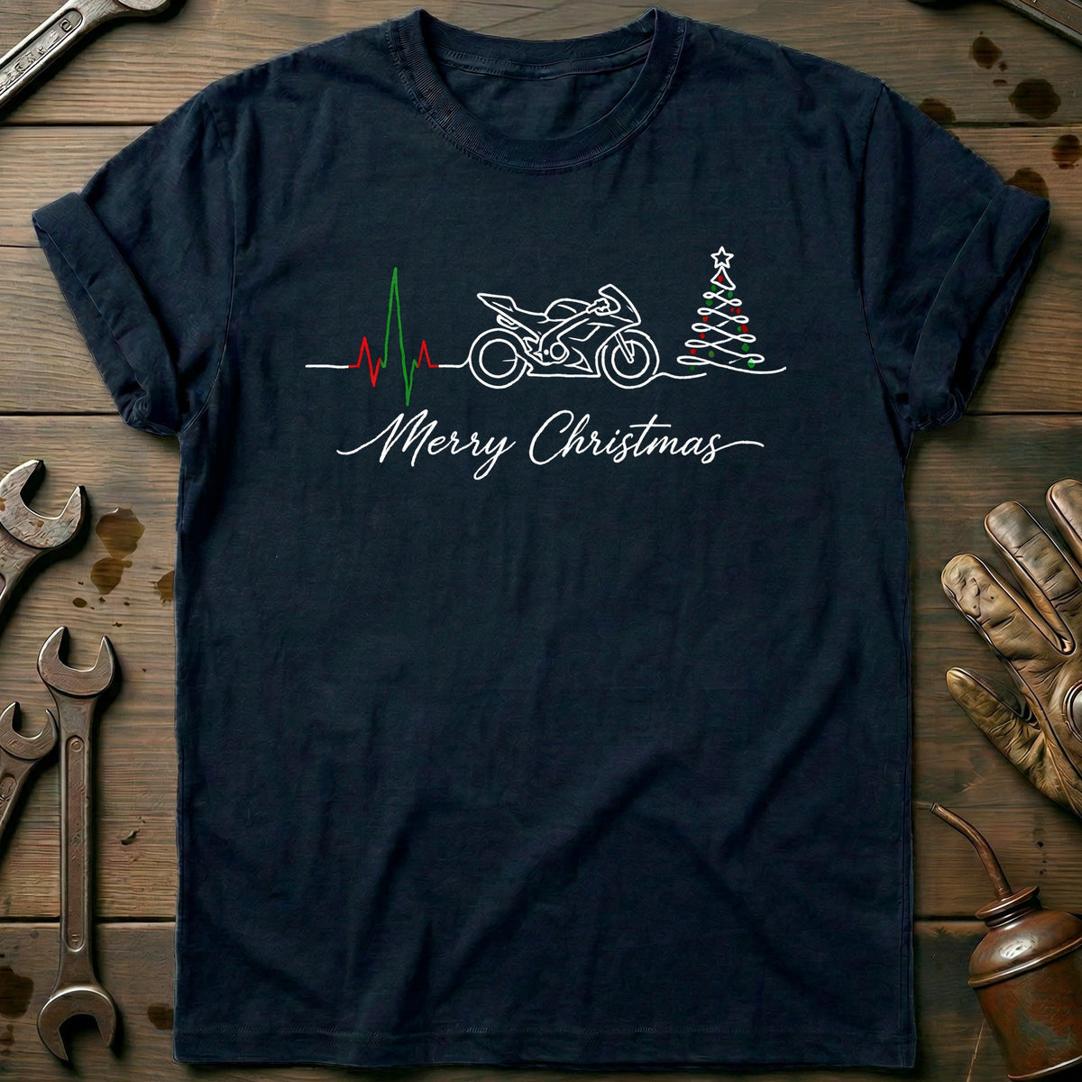 Motorcycle Heartbeat Merry Christmas T-Shirt Gift For Biker