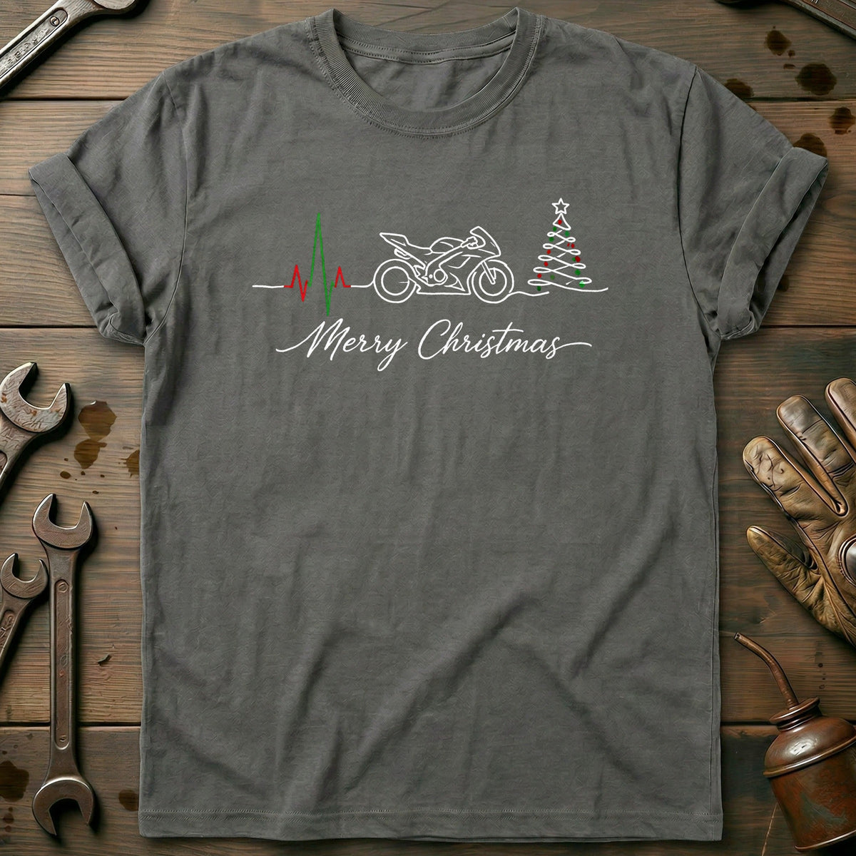 Motorcycle Heartbeat Merry Christmas T-Shirt Gift For Biker