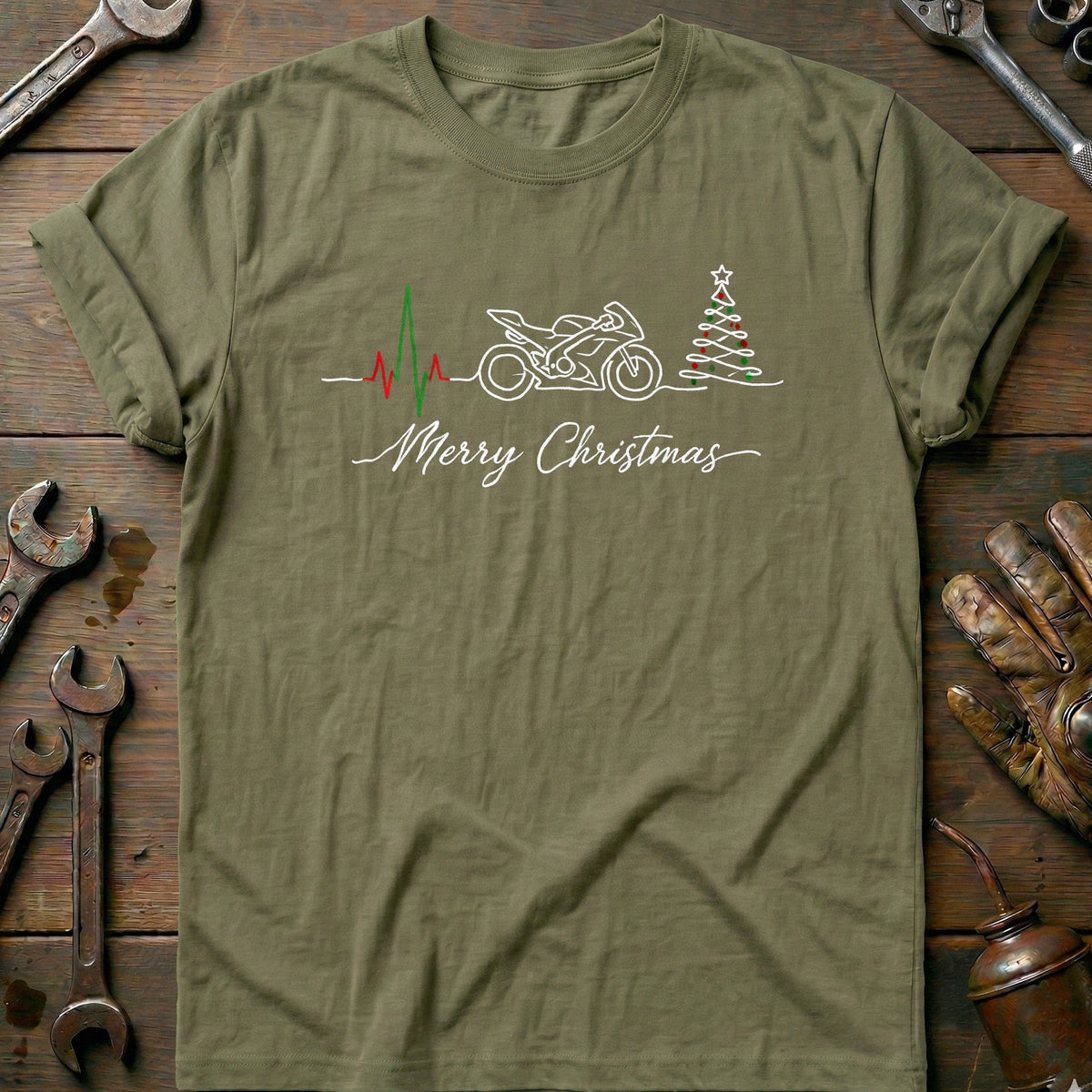 Motorcycle Heartbeat Merry Christmas T-Shirt Gift For Biker