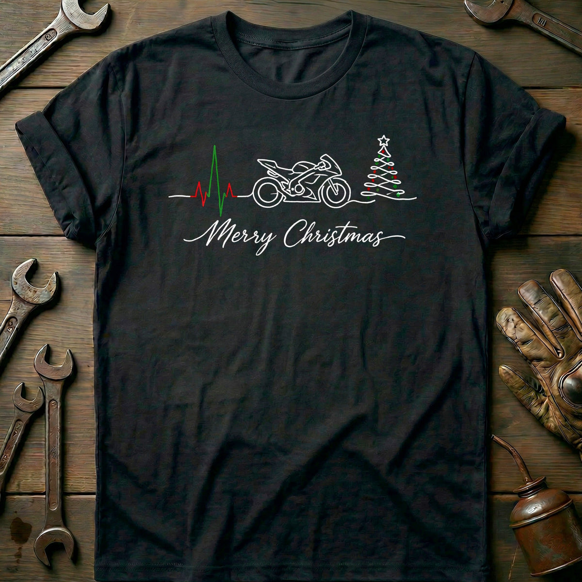 Motorcycle Heartbeat Merry Christmas T-Shirt Gift For Biker