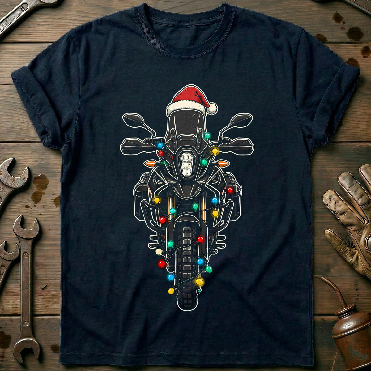 Adventure Christmas Lights Motorcycle T-Shirt US Gift For Biker