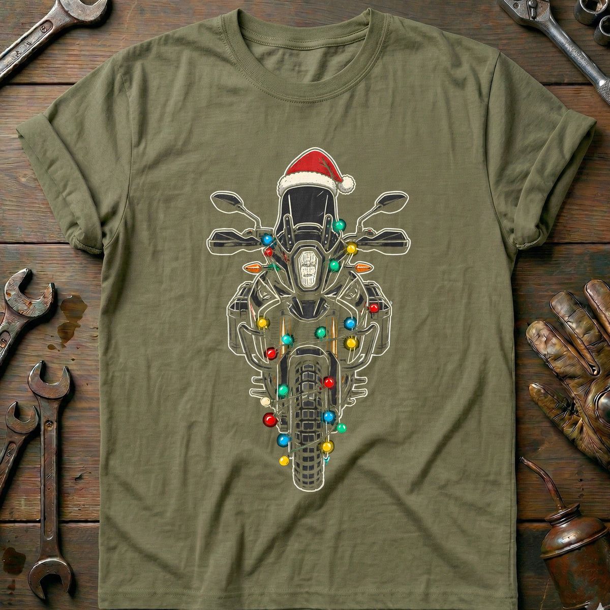 Adventure Christmas Lights Motorcycle T-Shirt US Gift For Biker
