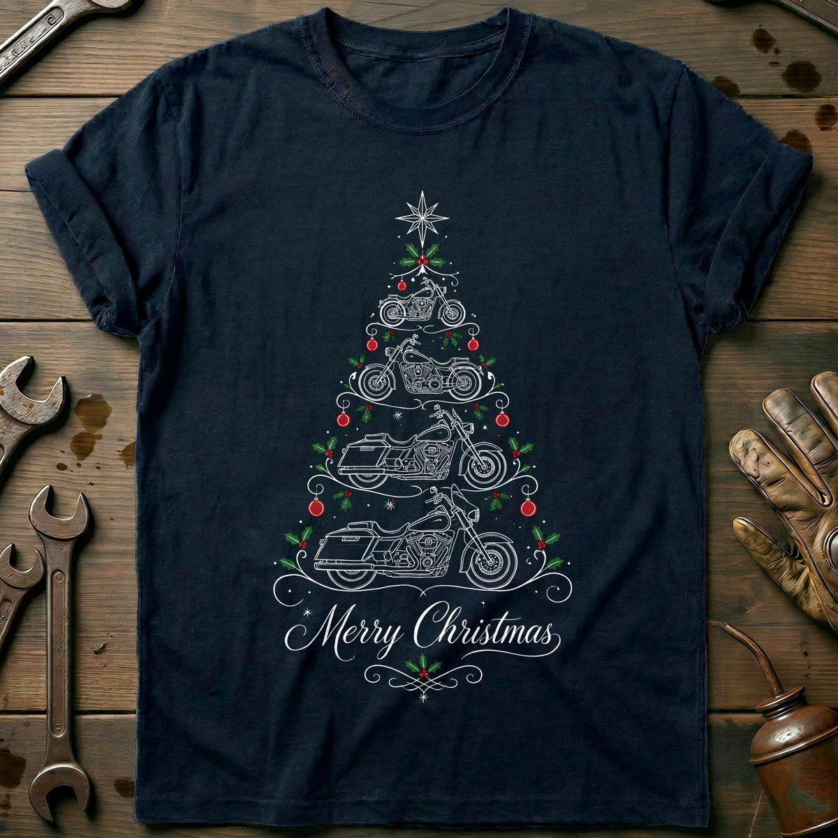 Merry Christmas Cruisers Tree Motorcycle T-Shirt US Gift For Biker
