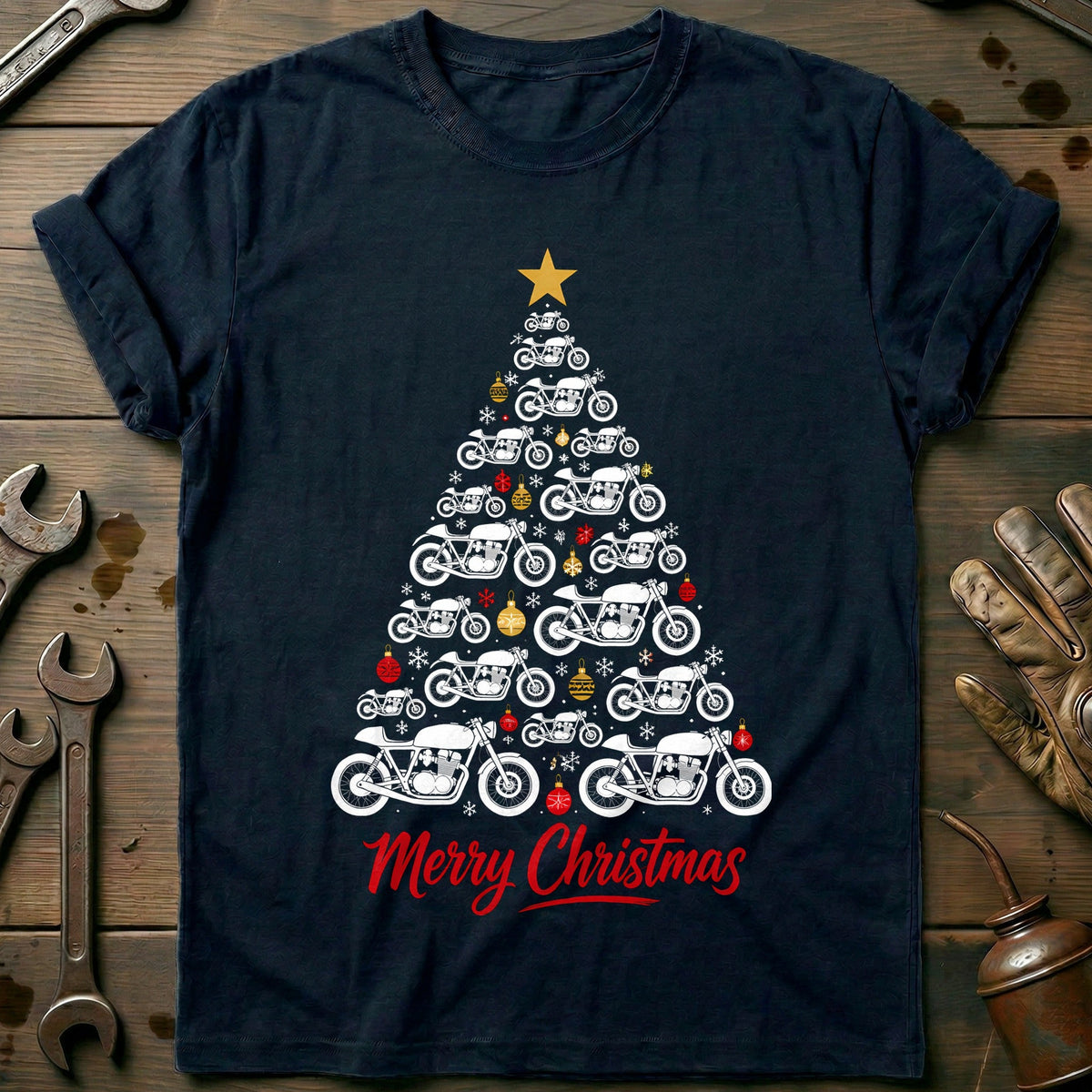 Cafe Racer Christmas Tree Motorcycle T-Shirt US Gift For Biker