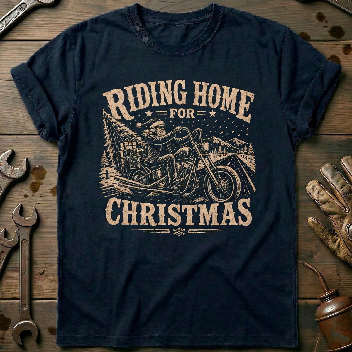 Riding Home for Christmas Motorcycle T-Shirt US Gift For Biker
