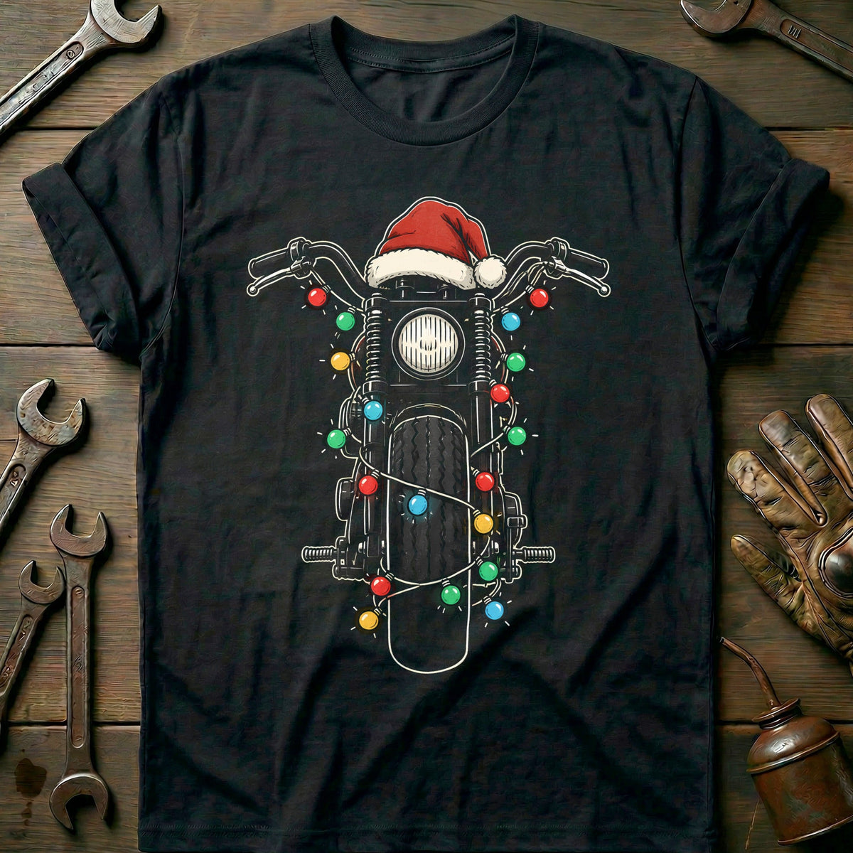 Bobber Christmas Lights Motorcycle T-Shirt US Gift For Biker