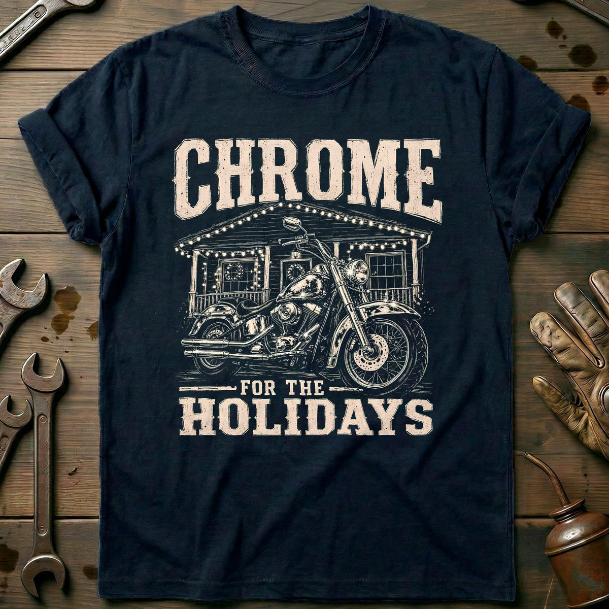 Chrome for the Holidays Motorcycle T-Shirt US Gift For Biker