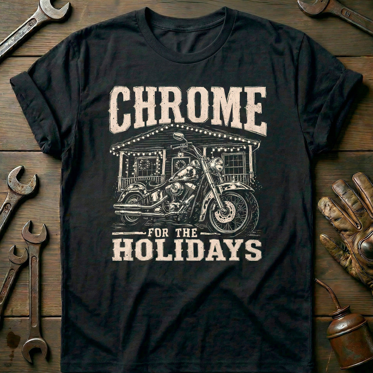 Chrome for the Holidays Motorcycle T-Shirt US Gift For Biker