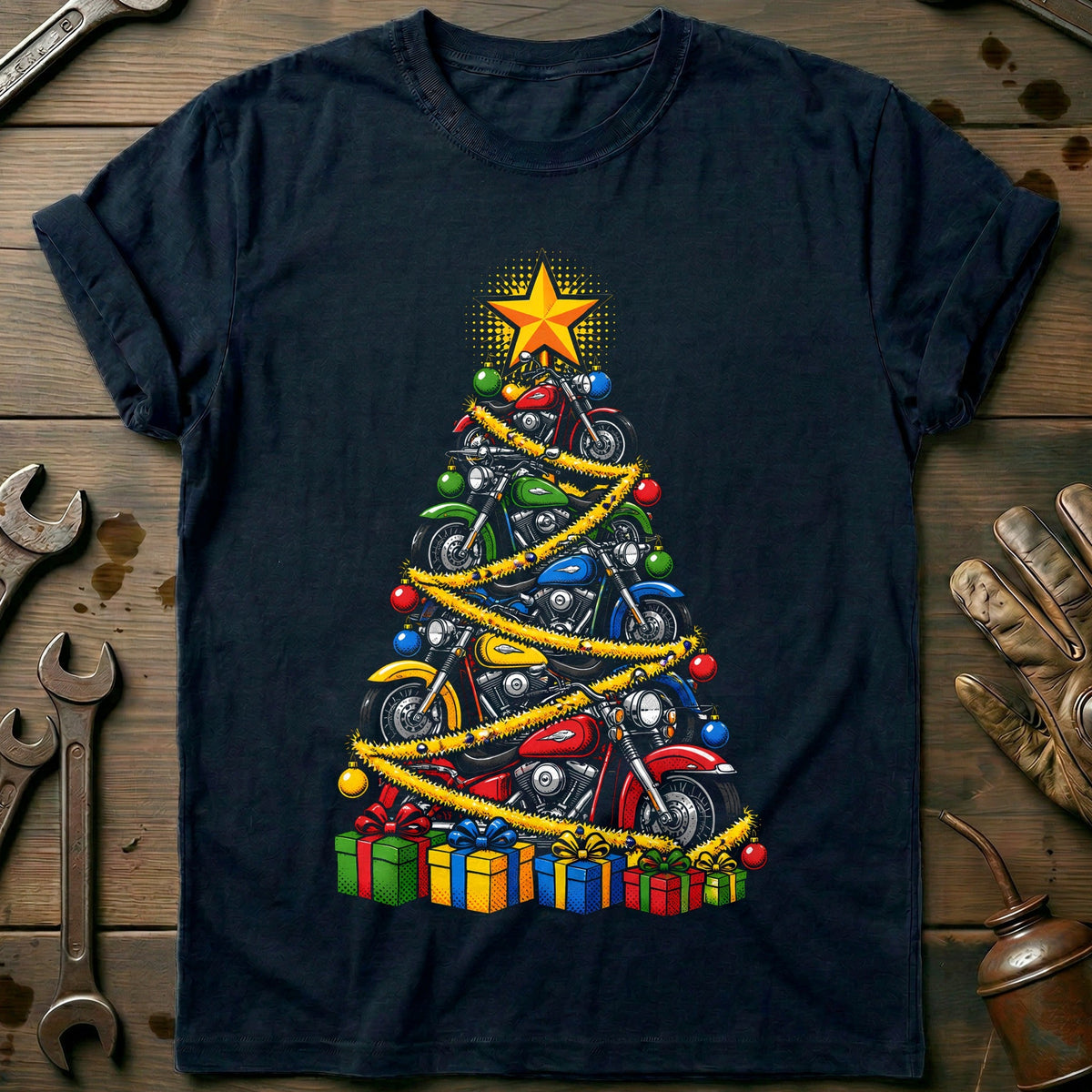 Pop Art Motorcycle Christmas Tree T-Shirt Gift For Biker