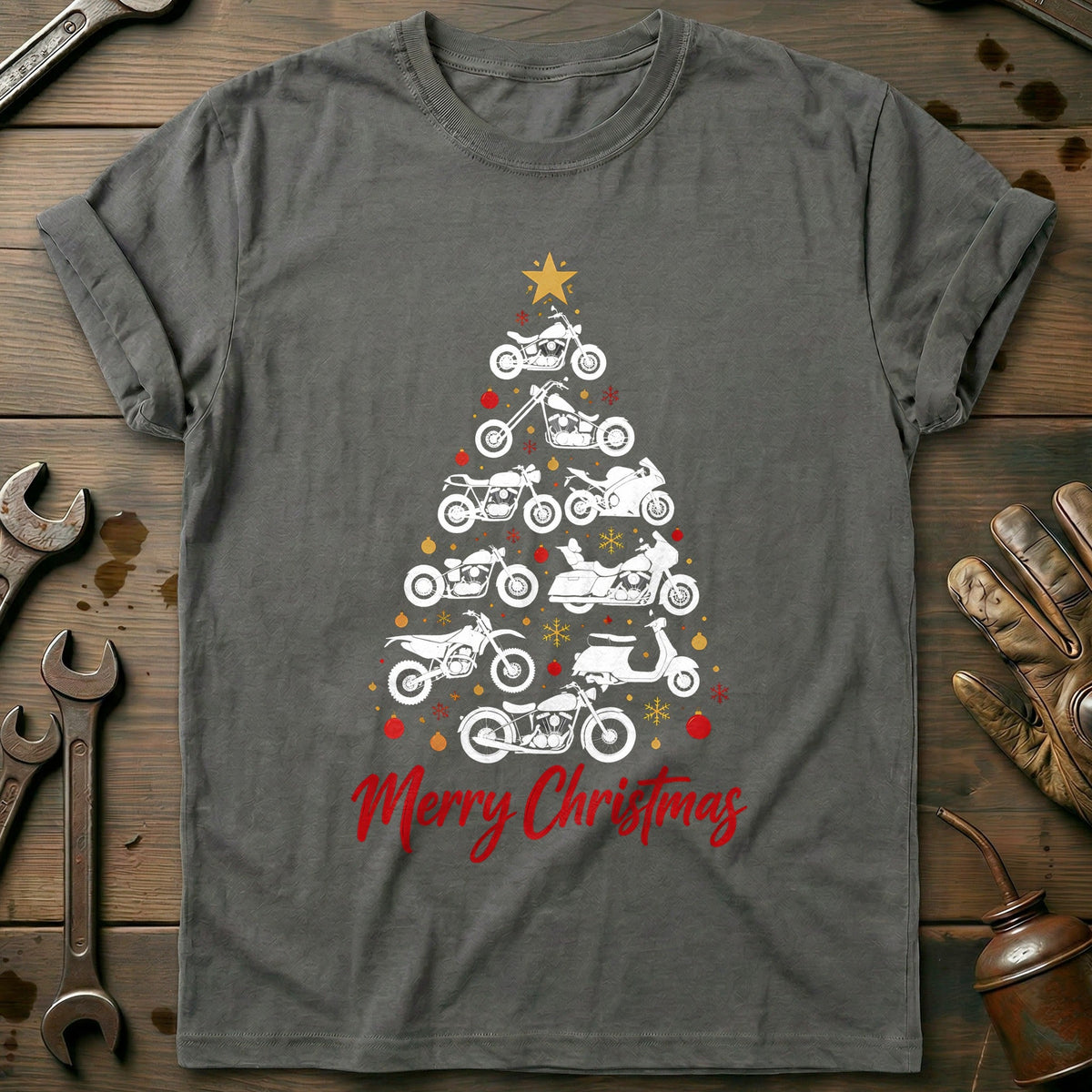 Merry Christmas Motorcycle Tree T-Shirt Gift For Biker
