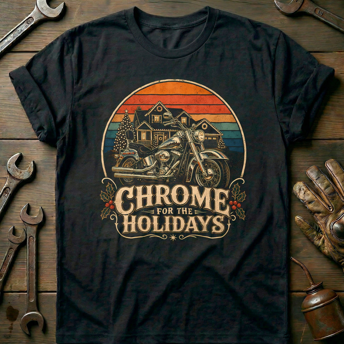 Chrome for the Holidays Motorcycle T-Shirt US Gift For Biker