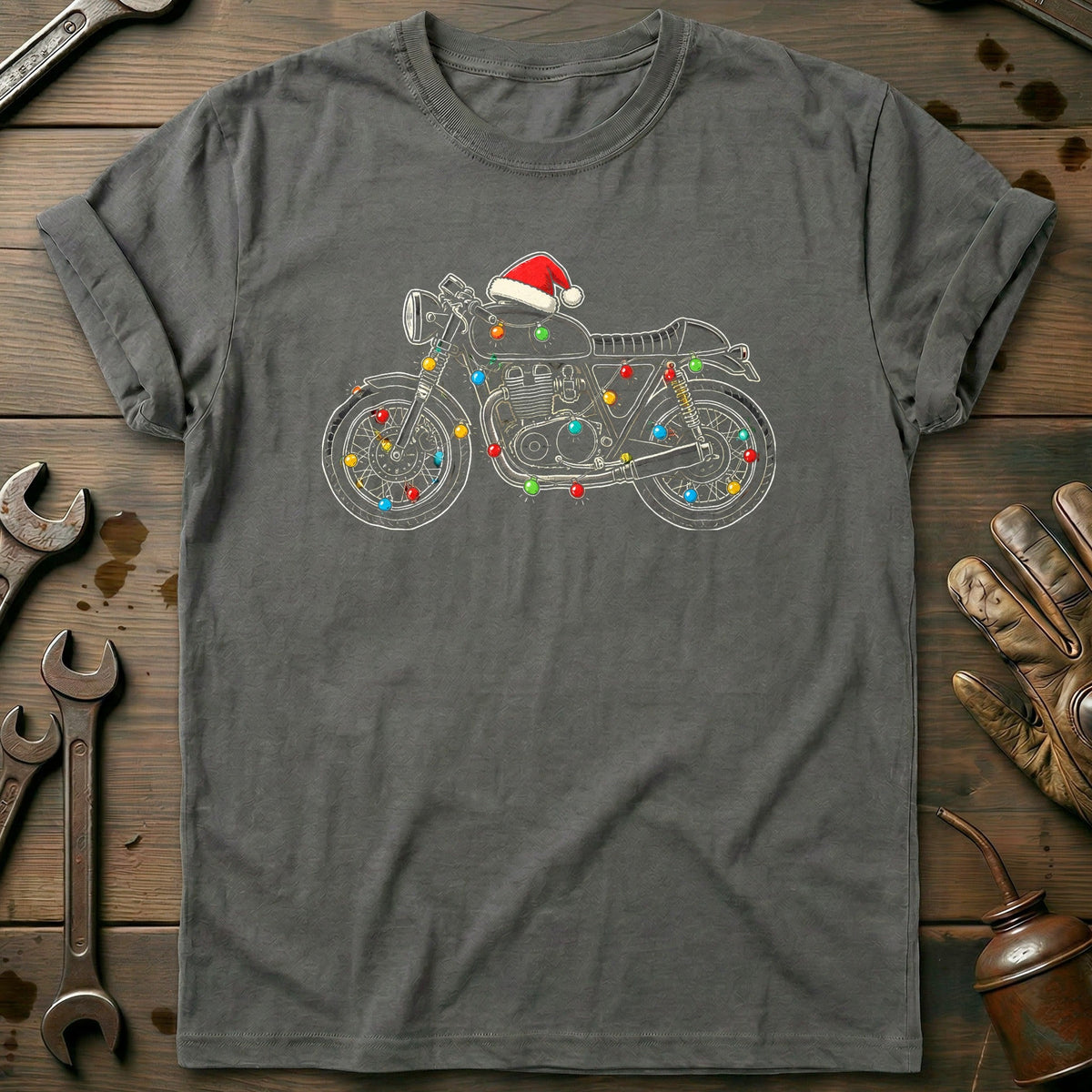 Cafe Racer Christmas Lights Motorcycle T-Shirt US Gift For Biker