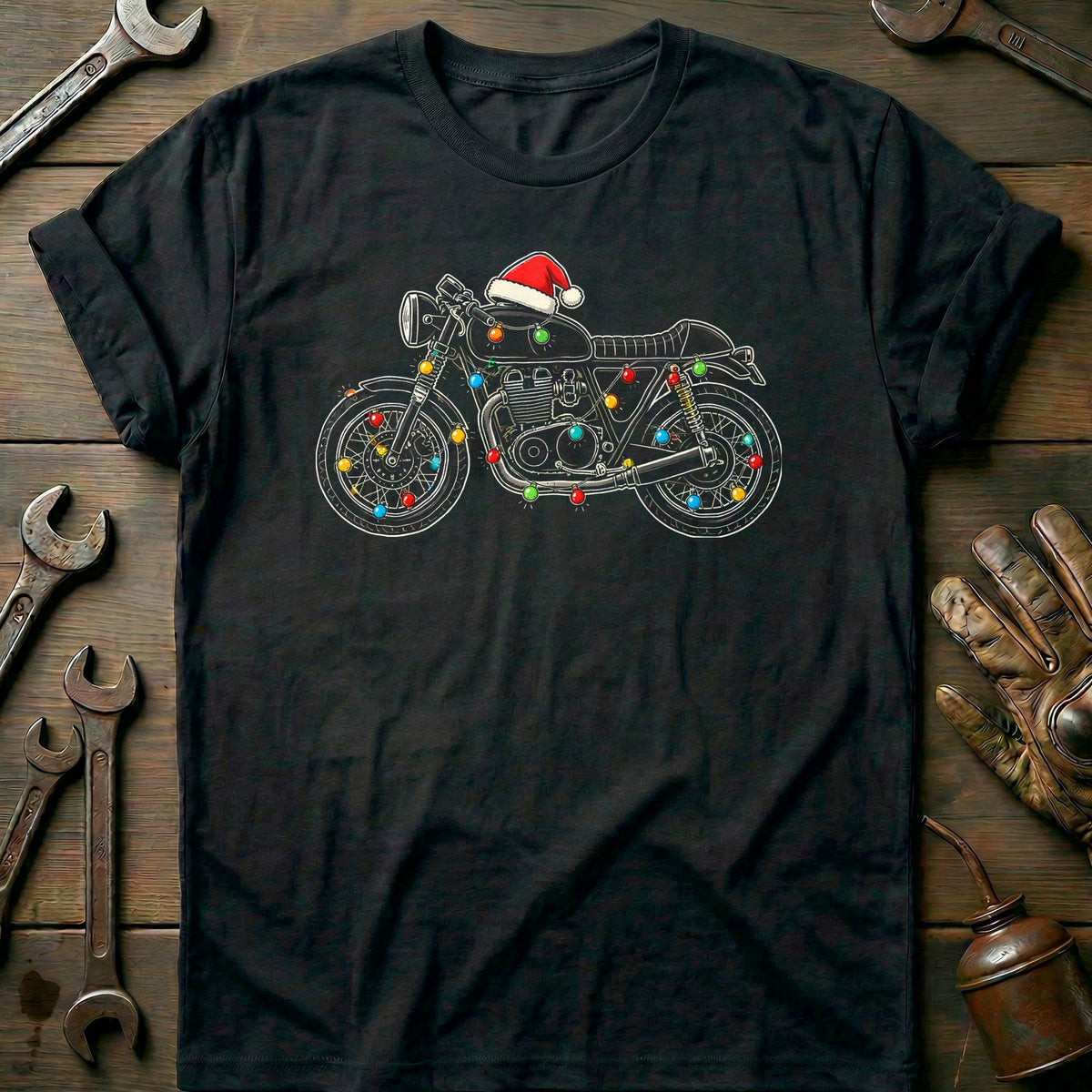 Cafe Racer Christmas Lights Motorcycle T-Shirt US Gift For Biker