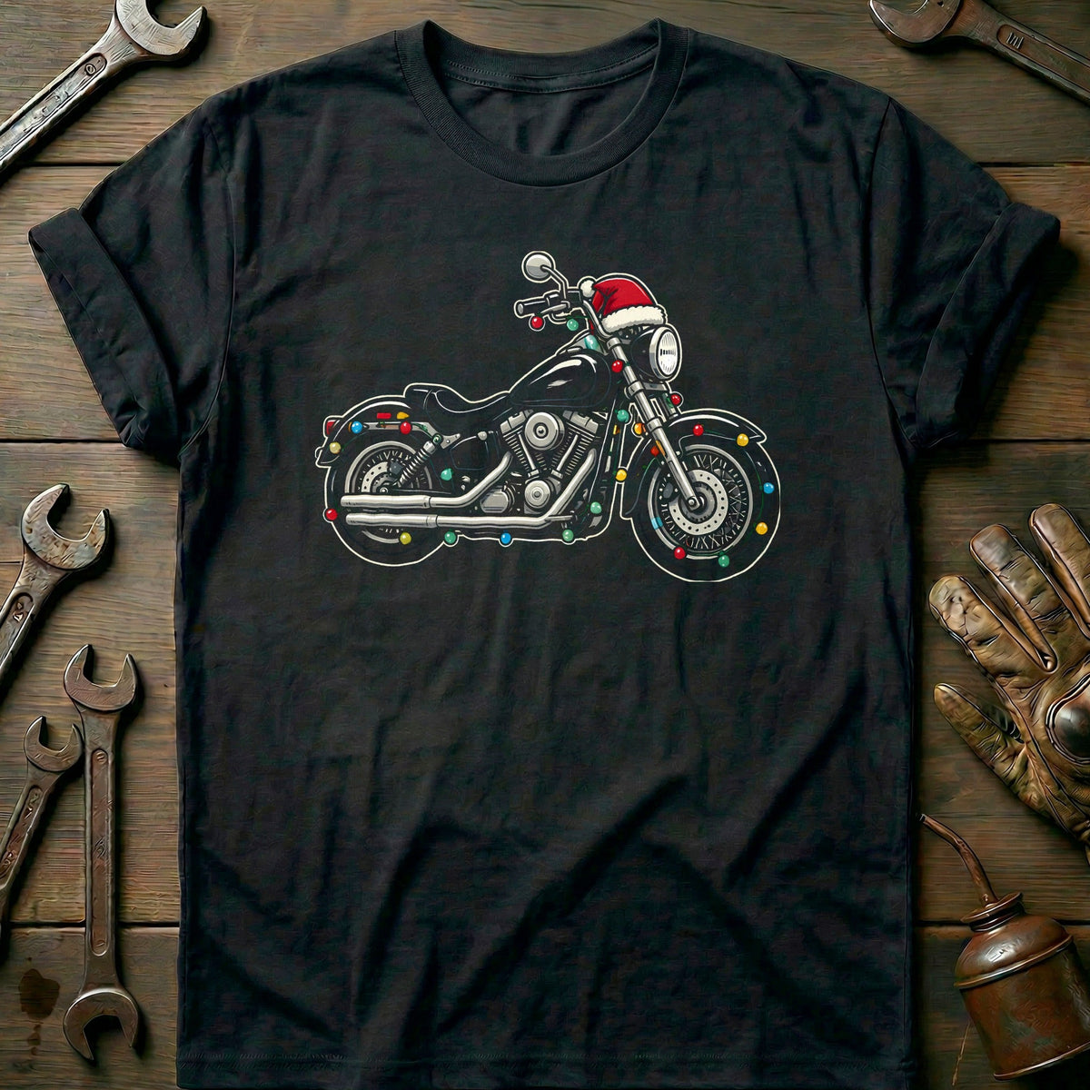 Cruiser Christmas Lights Motorcycle T-Shirt US Gift For Biker